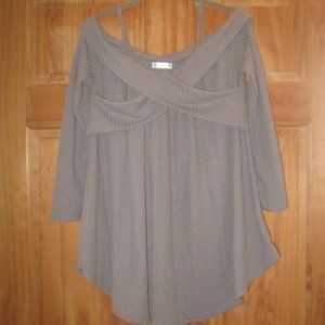 Dressfo Open Shoulder Light Khaki Crisscross Tunic Sweater